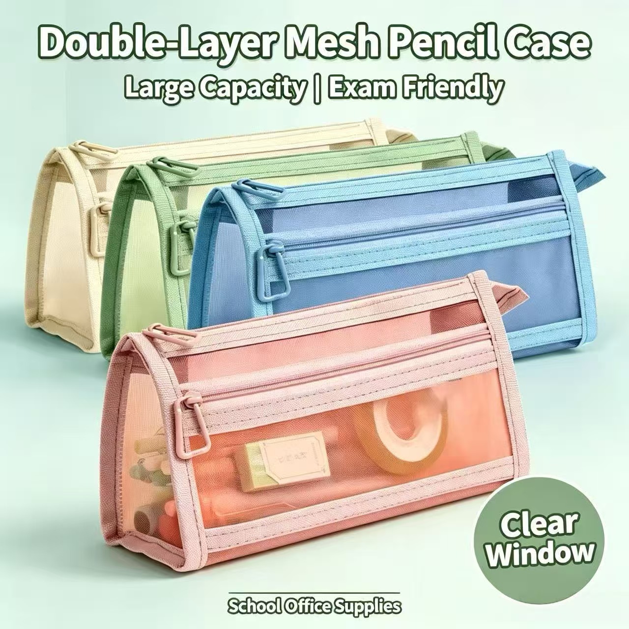 Clear Mesh Pencil Pouch For Exam - Двухслойный прозрачный сетчатый пенал большой вместимости,